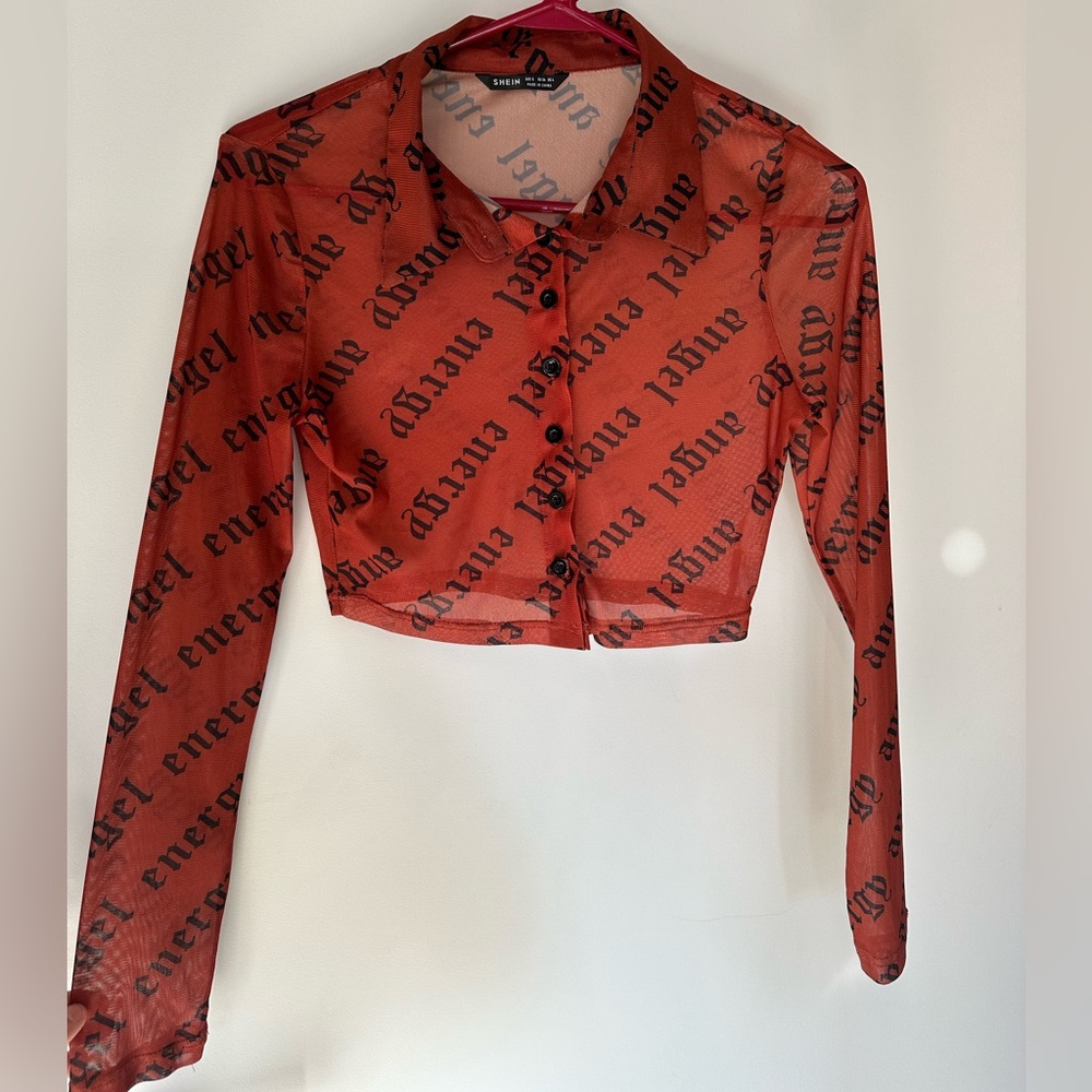 Y2K Sheer Mesh Burnt Orange Long Sleeve Button Down Top